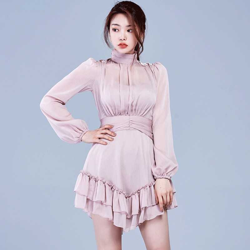 

Korea Fashion Chiffon Stand Collar Women Elegant Party Dress Spring Office OL Long Sleeve Ruched Ruffles Mini 210526, Photo color