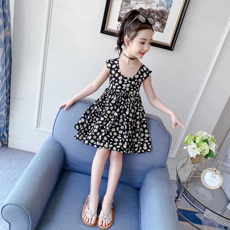 Summer Vest Girls Dresses 2021 New Childrens Western Style O-neck Print Princess Dress Elegant Clothes for Girls Age 2-12 Years-image-702414466