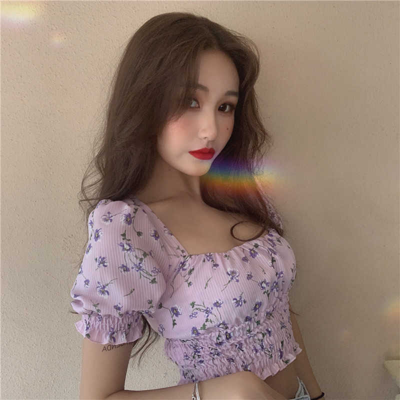 

French Ruffles Puff Sleeve Blouse Women Vintage Square Collar Short Tops Female Designer Korean Fashion Clothing Spring 210604, Violet floral top