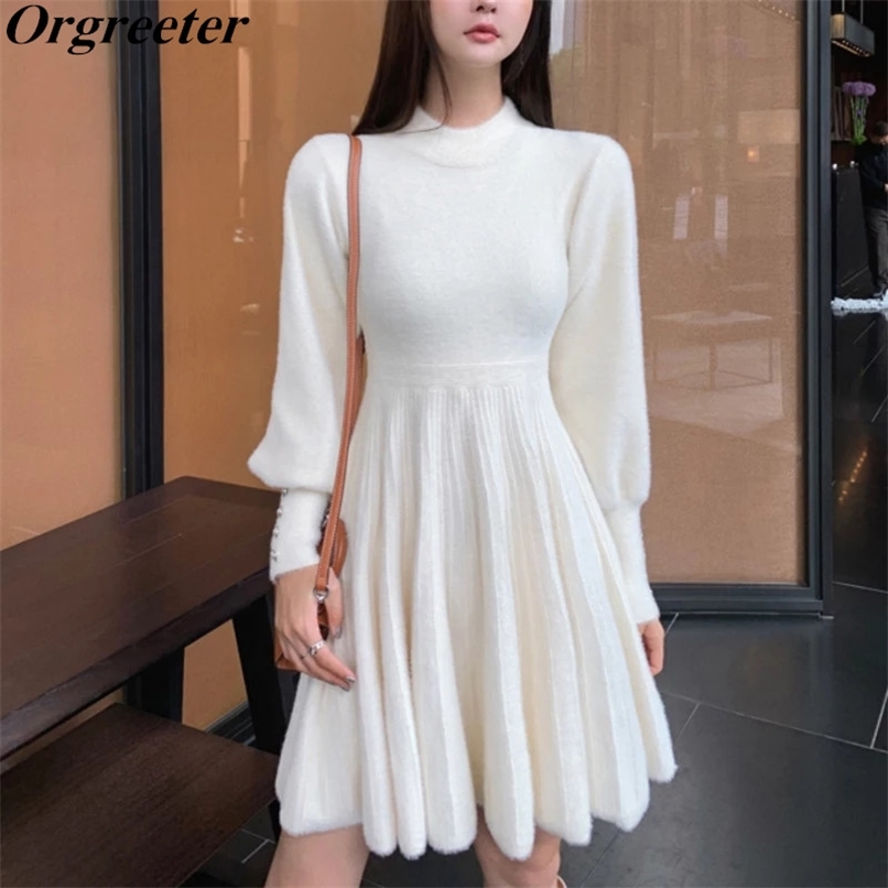 

Sweet Soft Imitation mink Sweater Dress Women Long Lantern Sleeve Pearl Button Deco Warm Knitted A-line Mini Pleated 210602, Pink