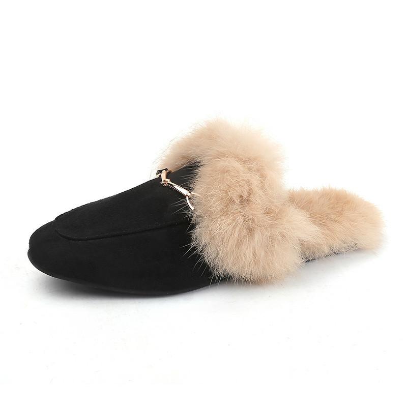 

New Women Spring Plush Slippers Square Toe Real Rabbit Fur Flip Flops Fuzzy Slippers Mules Slipper Suede Slides Loafer P115 T200411 wLn, Black