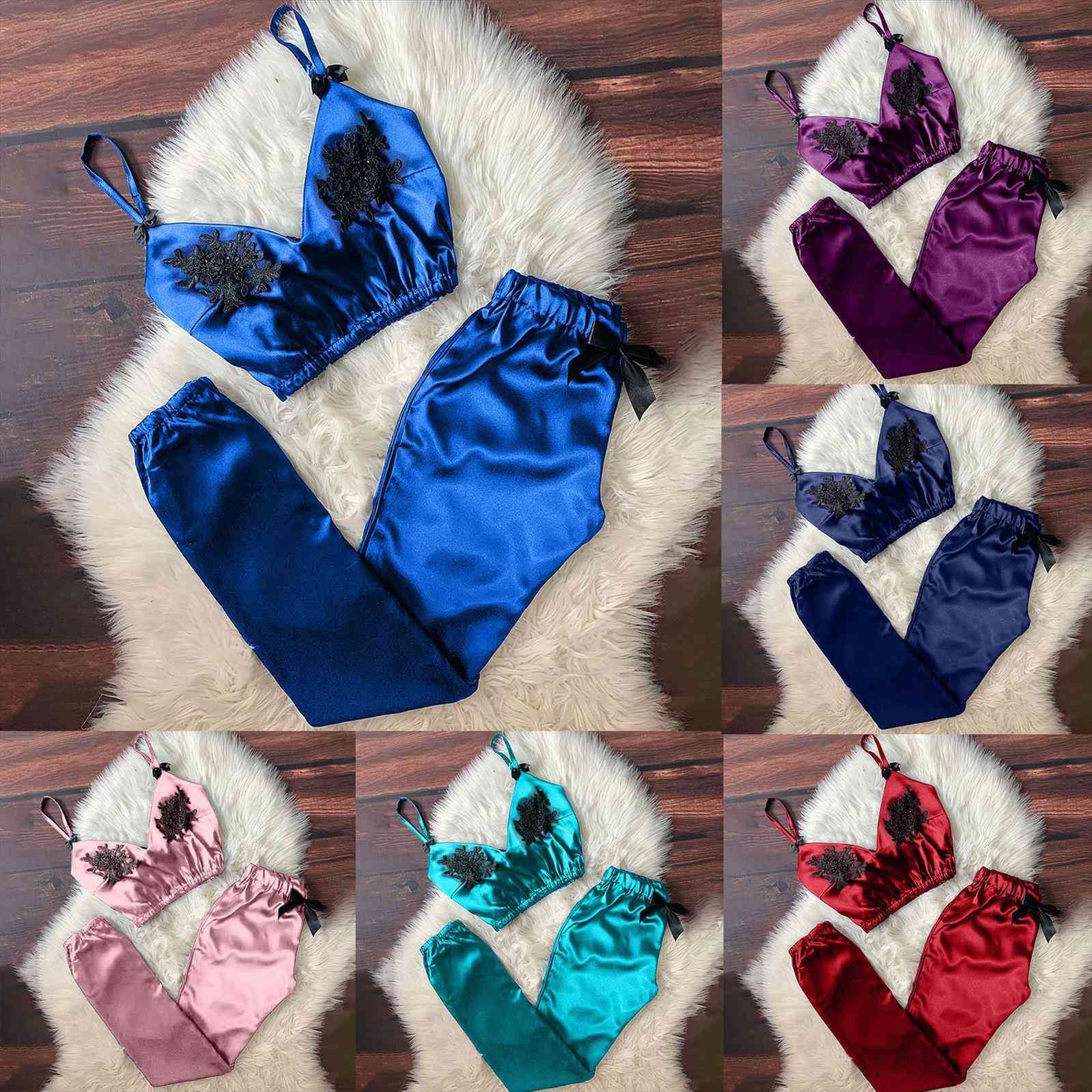 

v neck solid color women sleepwear lace sling pajama pants set two piece, Black;red