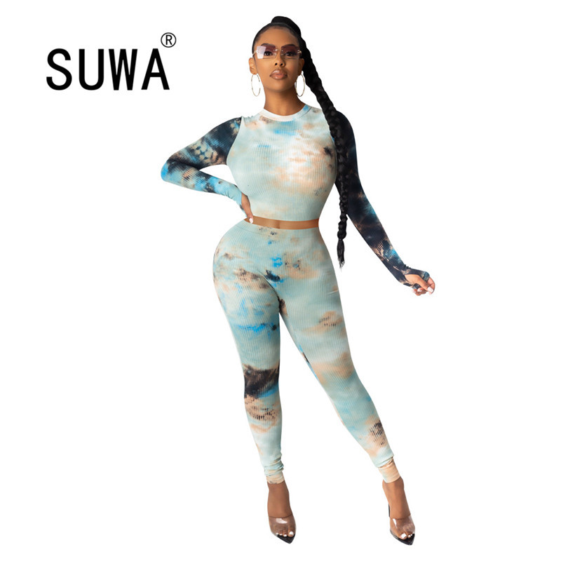 

Wholesale Fashion Clothes 2 Piece Outfits For Women Tie Dye Pullover Retro Top + High Waist Joggers Trousers Sexy Club Wear 210525, Blue