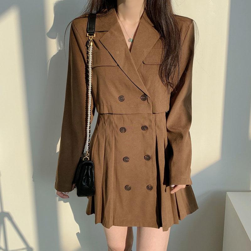 

Casual Dresses [EWQ] Fashion Chic Coffee Pleated Mini Dress Women Autumn 2021 Loose Notched Double Breasted High Waist Thin 16R687, Black;gray