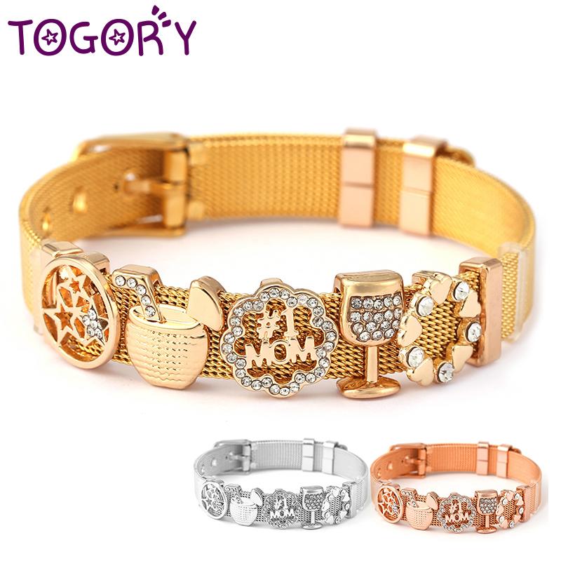 

Beaded, Strands Stainless Steel Strap Mesh Bracelets For Women Romantic Crystal MOM Heart Beads Charm Watch Keeper Bracelet As Mother Jewelr, Black
