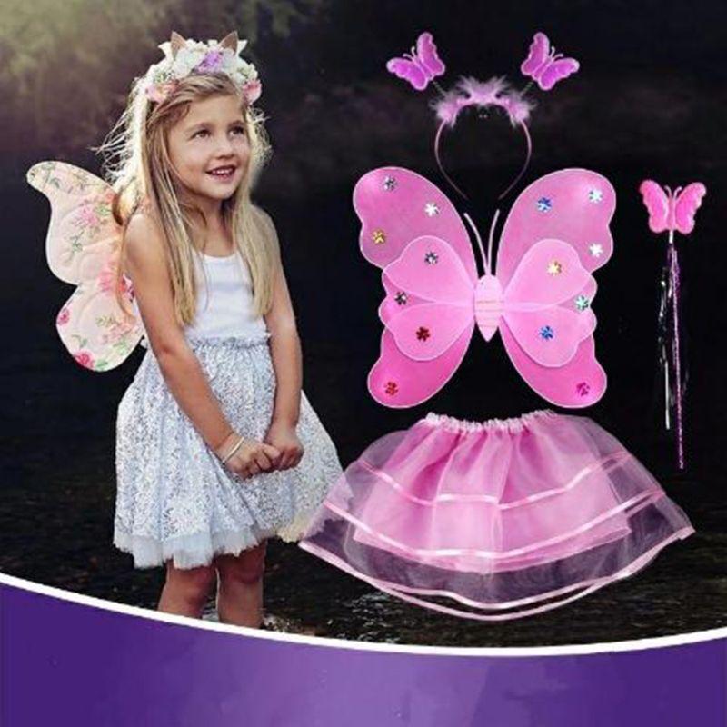 

Skirts 4Pcs Girl LED Double Layer Butterfly Wings Set Irregular Tiered Mesh Tutu Skirt Fairy Wand Headband Princess Party Costume 2-8T, Blue