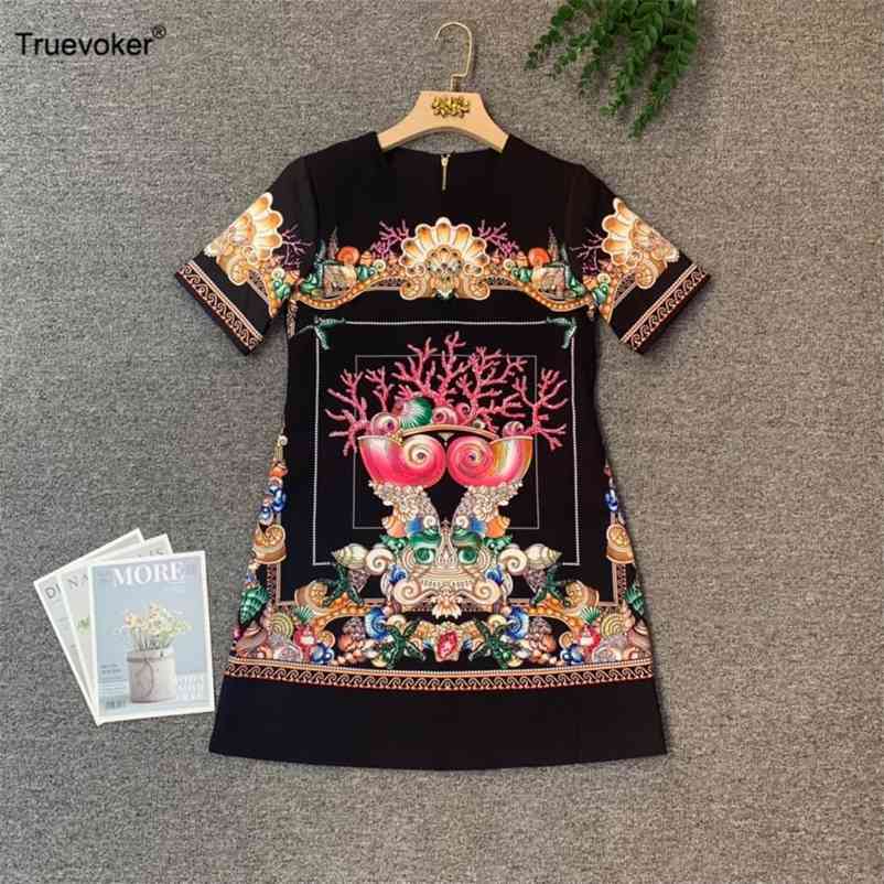 

Truevoker Women High Street Runway Vintage Party Dress Lady Short Sleeve Black Print Diamond Robe Mujer Festa Vestido 210602, Multi