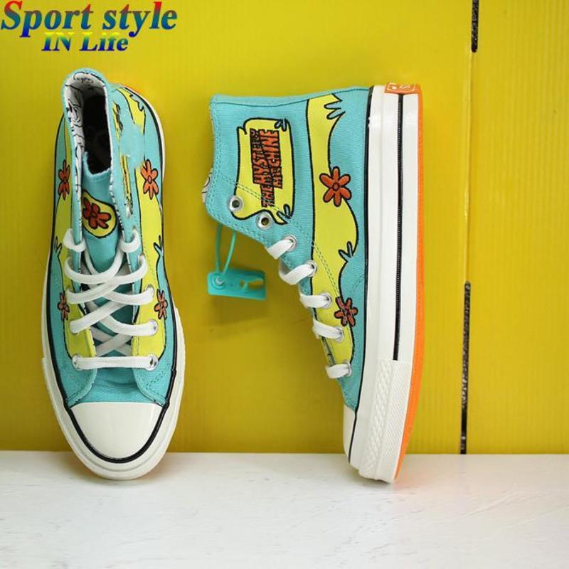 

Hi Scooby-Doo The Mystery Machine POOL BLUE SULFUR SPRING EGRET Classic designer men high top canvas shoes mens chaussure homme 35-44