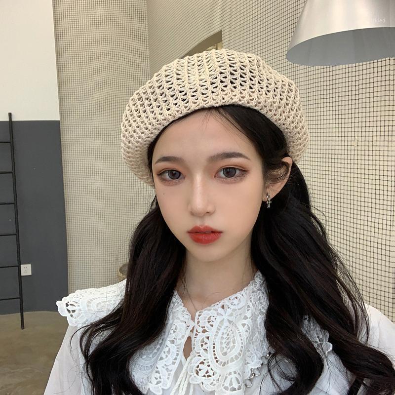 

Berets Beret Hat Girls Summer Thin Korean Cap Japanese Painter Pure Color Hollow Women Hats British Retro Fashion Caps H7324, Black