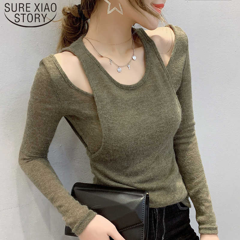

Autumn Winter Double-shouldered Long Sleeve Women Shirts Solid Round Collar Hollow Slim Streetwear Women Blouses 7305 50 210527, Dark brown