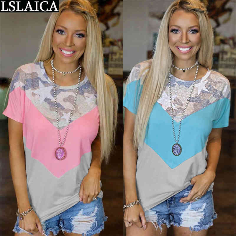 

Tops Women Short Sleeve Round Neck Camouflage Print T-Shirt Colorful Patchwork Plus Size Womens Clothing Summer Tshirt 210520, Sky blue