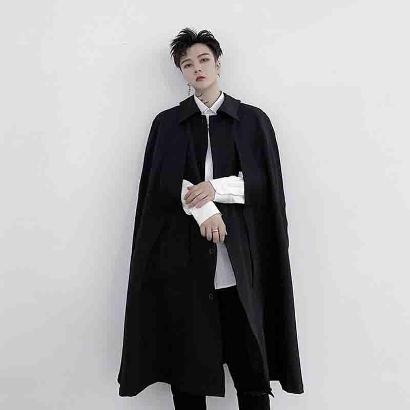 

Men' Trench Coats Japanese Dark Yamamoto Style Medium Long Windbreaker Loose And Handsome Hairdresser Fashion Brand Cape Coa, Black