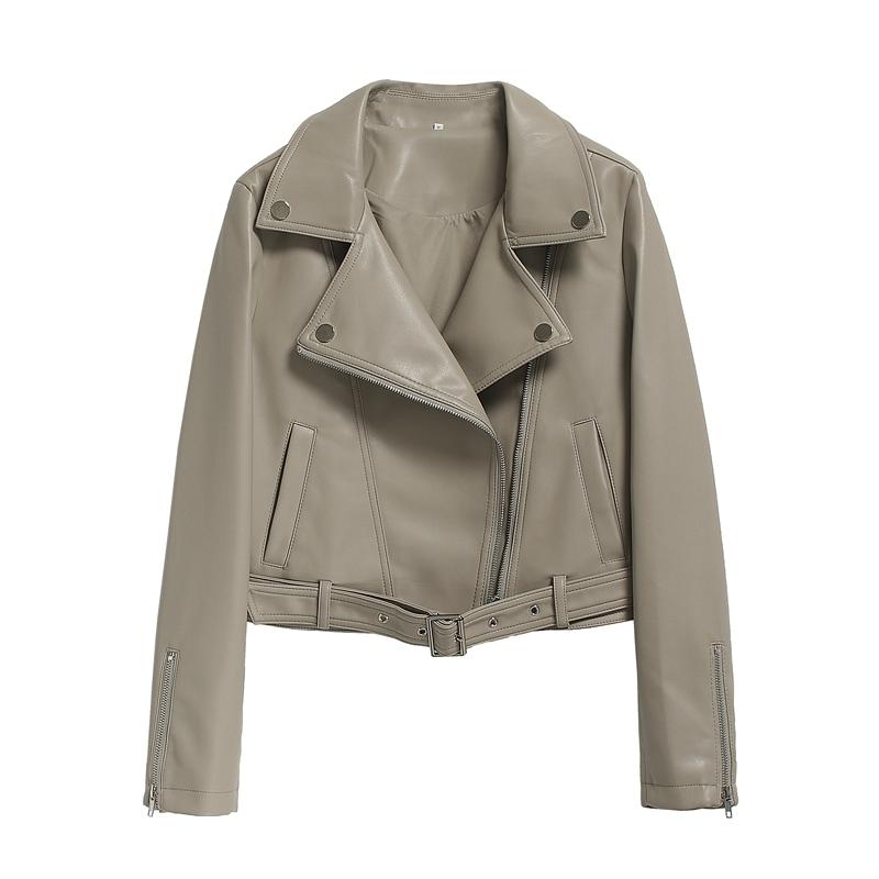 

Women's Leather & Faux High Quality Light Grey Soft Short Black PU Coat Plus Belt 2021 Autumn Women Slim Punk Motorcycle Jacket Streetwear