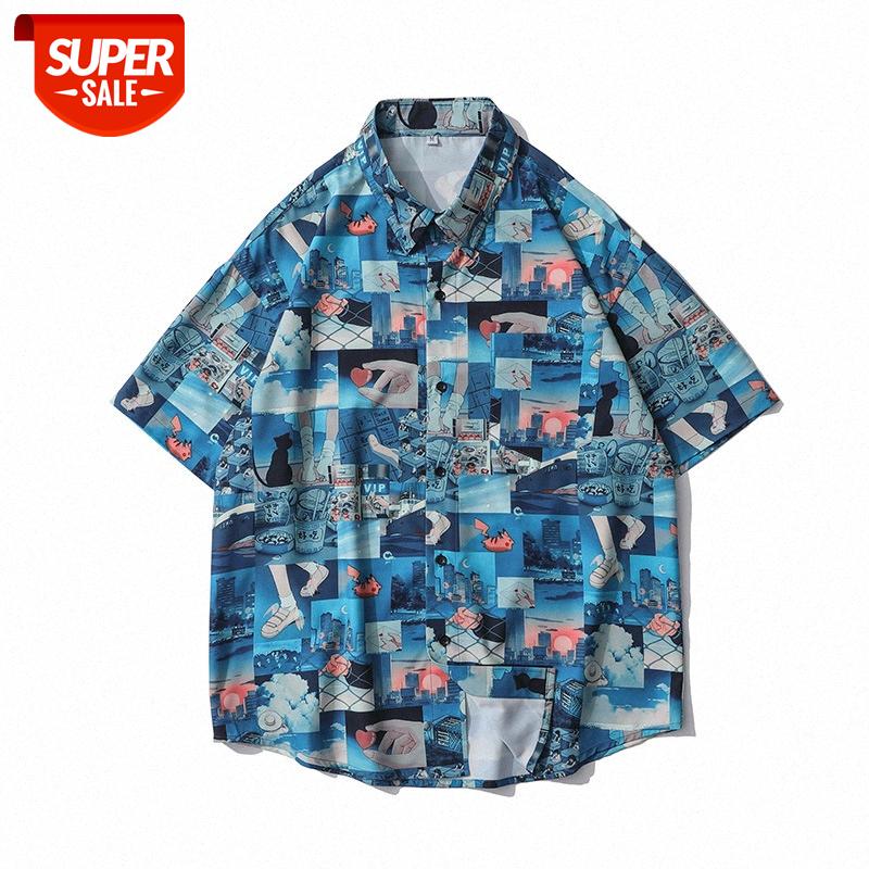 

Japanese Harajuku style full print shirt men and women couples flow street loose casual retro short-sleeved #tB6B, White;black