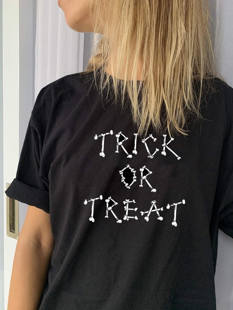 

Skull Skeleton Trick or Treat Graphic Tee Punk Style Halloween gifts Tumblr Unisex Tee Harajuku Gothic Cool Grunge Women T-Shirt 210518, White