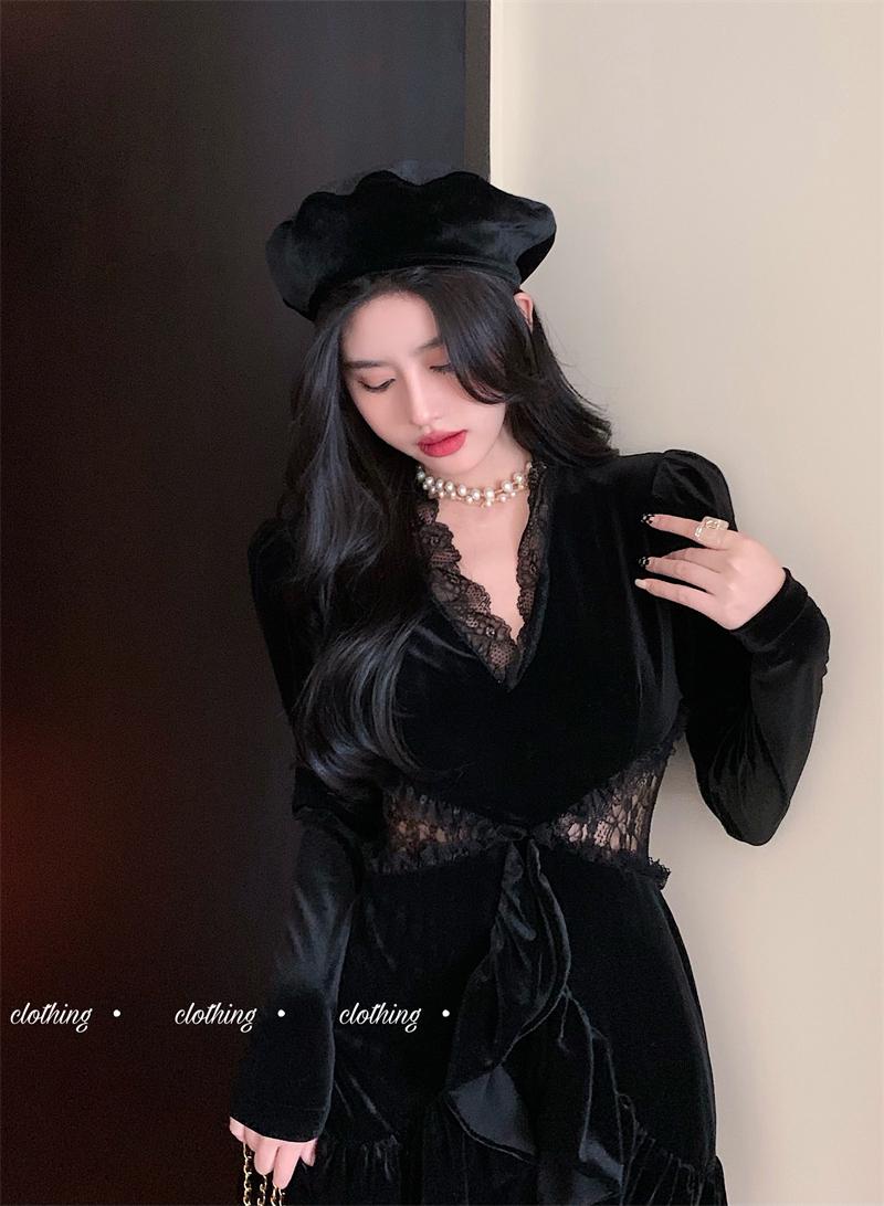 

Casual Dresses Evening Dress Vintage Lace Stitched Velvet Women's Autumn 2021 Short Black Hip Wrap Long Sleeve, Black;gray