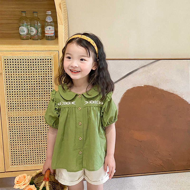 

Girls Fashion Floral Embroidery Loose Shirts Summer Children Korean Style Short Sleeve Tops 210615, Green