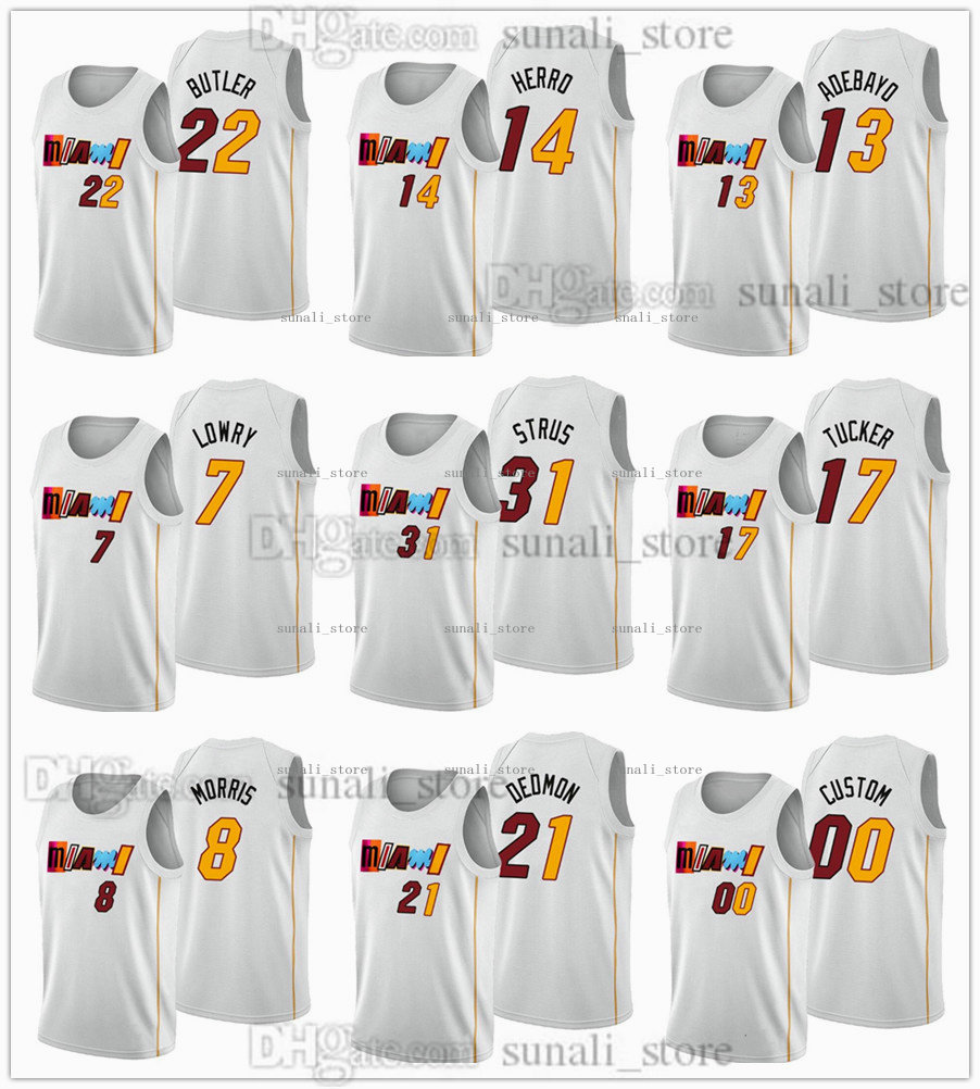 

2022-23 City White Basketball Jerseys Jimmy Butler 22 Bam Adebayo 13 Tyler Herro 14 Kyle Lowry 7 P.J. Tucker 17 Max Strus 31 Markieff Morris, Black;red