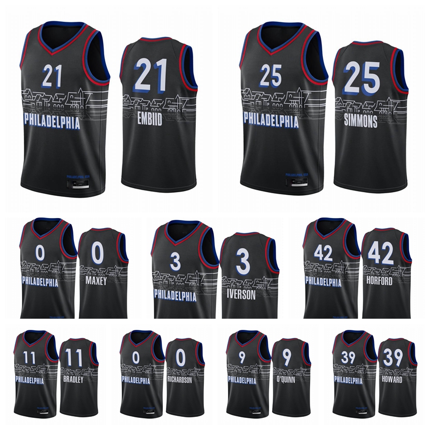 

Philadelphia 76ers Men Ben Simmons Joel Embiid Allen Iverson Tyrese Maxey Dwight Howard 2020-21 Black City Basketball Jersey New Uniform, Black;red