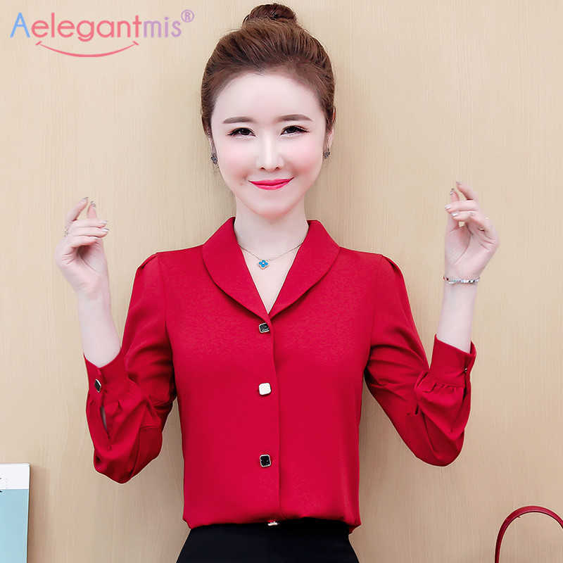 

Aelegantmis Fashion Office Lady Chiffon Blouse Spring V Neck Long Sleeve Women Blouses Female Chic Casual Shirts Tops White Red 210607