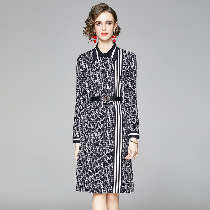 

Latest Runway Printed Knee-Length Dress Long Sleeve Women Designer Slim Prom Button Shirt Dresses Elegant Business Party Office Spring Fall, Black;gray