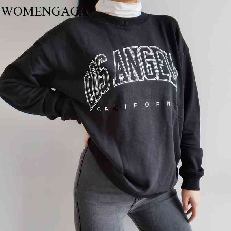 

WOMENGAGA Women O-Neck Letters Print Sweatshirt Drop Shoulders Organic Cotton In Black Tops Autumn Winter RI11 210603