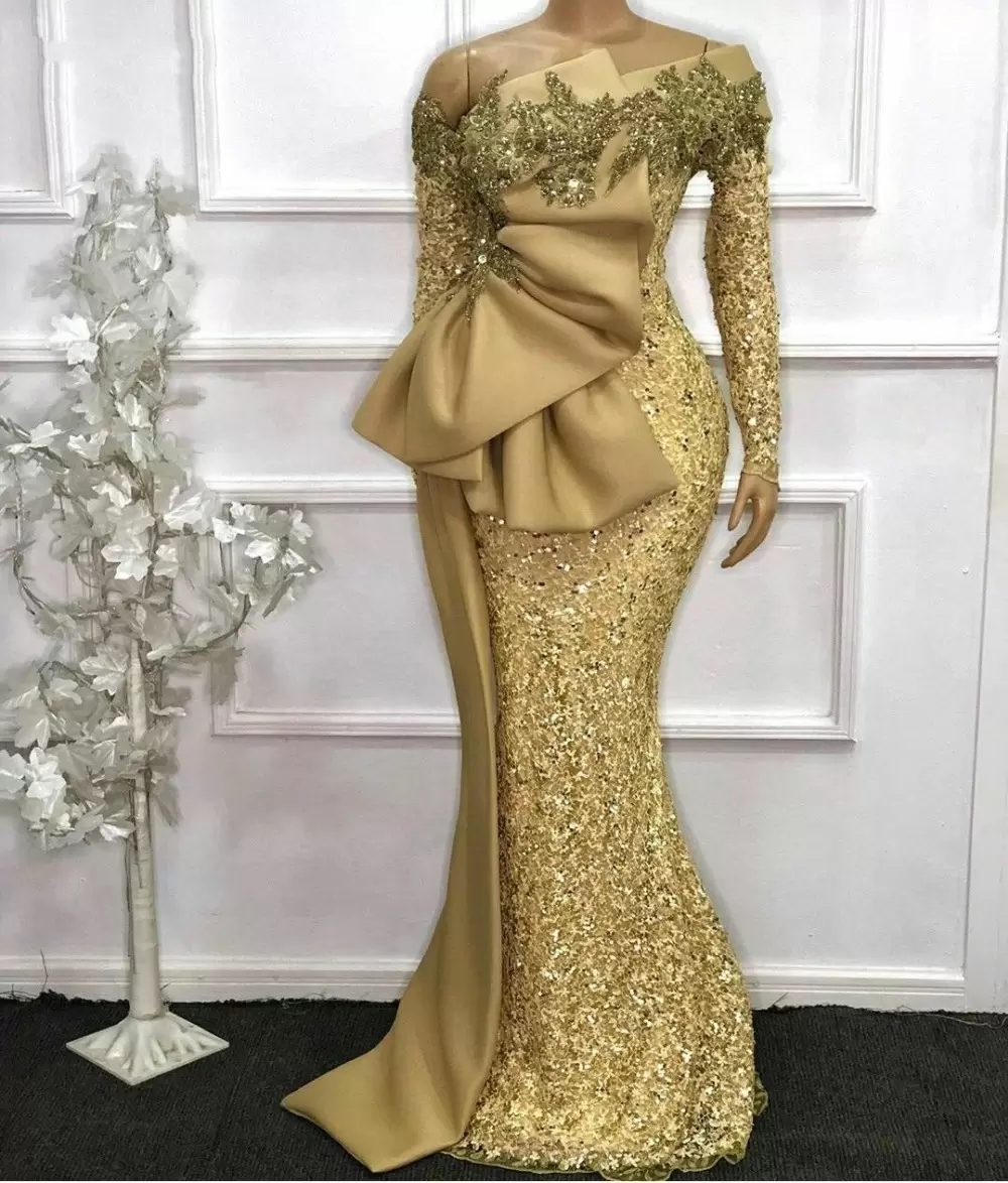 

Elegant African Evening Dresses Vintage Long Sleeves Sequined Mermaid Formal Dress Aso Ebi Gold Beaded Lace Appliques Prom Gowns Robe De Soiree, Silver
