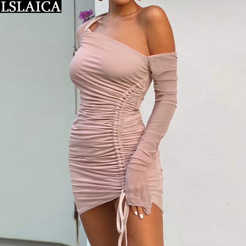 

Sexy Dress Mesh Slanted Shoulder Strapless Perspective Ruched for Women & Club Solid Color Fashion Kleider Damen 210520, Black
