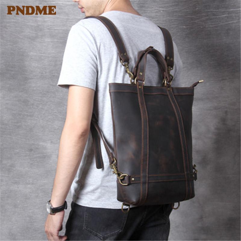 

Backpack PNDME Vintage Men Women Travel Natural Genuine Leather Multifunctional Bagpack Work Laptop Bookbag, Brown