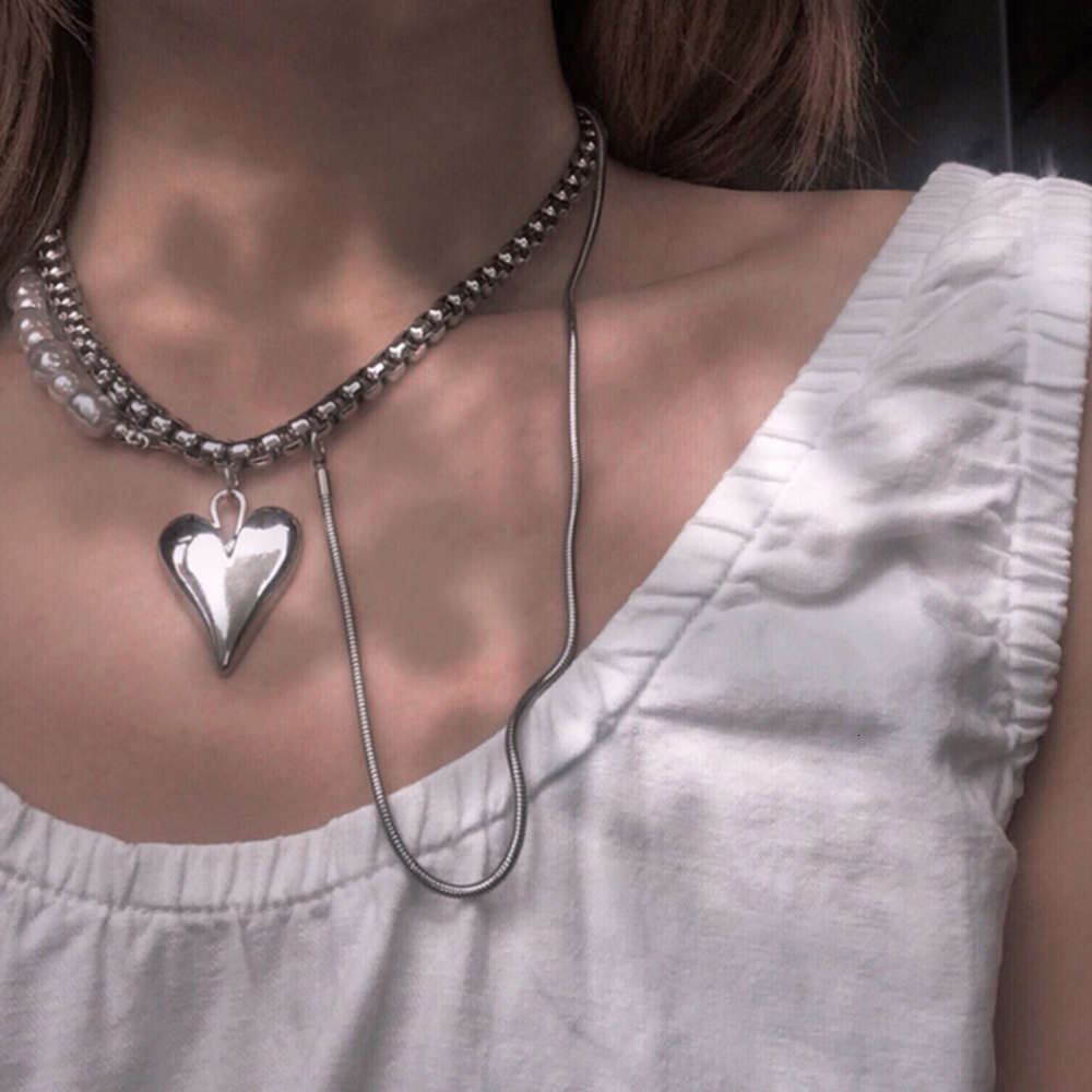 

necklaces Design lovers' love pearl double layer necklace with cool style, simple personality and men's fashion of clavicle chain, Silver