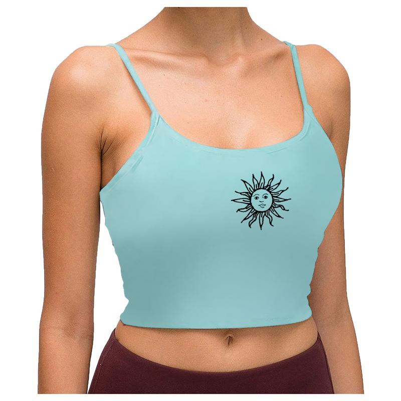 

Women's Tanks & Camis 25# Korean Style T-shirts Tops Funny Retro Sun God Printing Fashion O-neck Sling Vest T-shirt Crop Top Patchwork, Blue