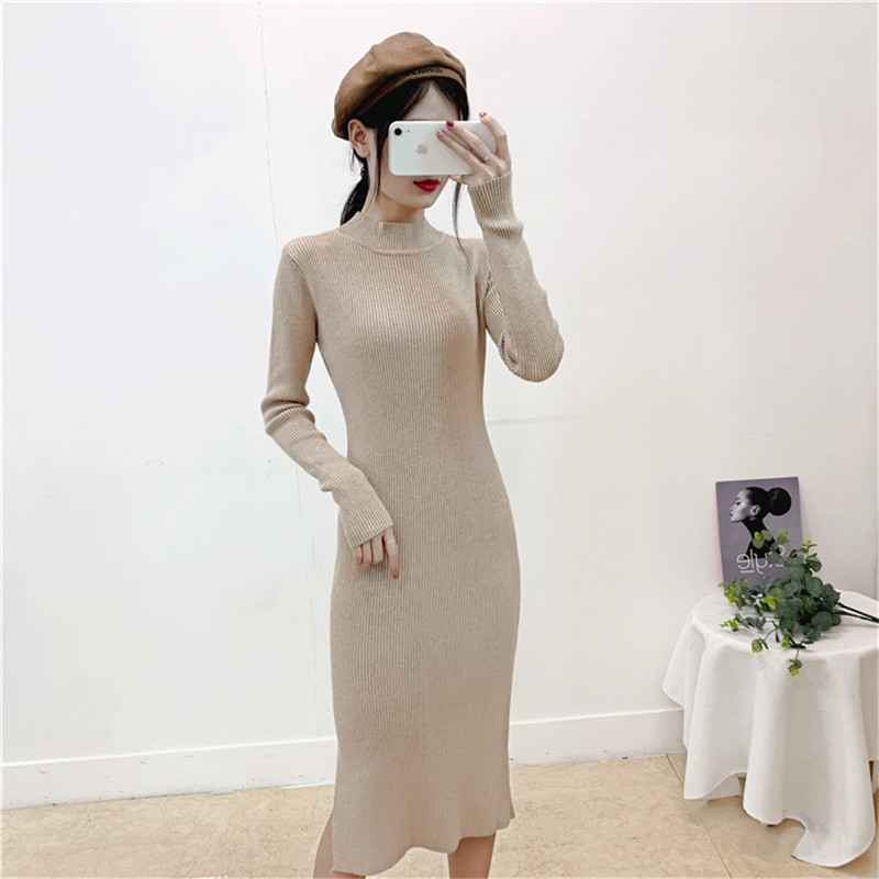 

Autumn Winter Casual Half Turtleneck Knitted Dress Women Solid High Waist Knee-length Female Office Lady 210520, Burgundy