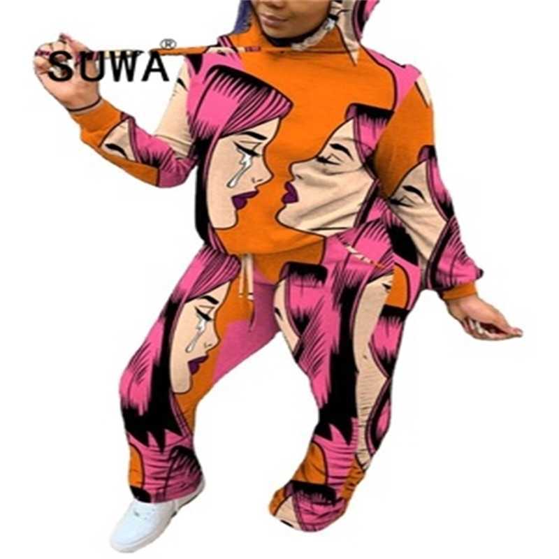 

Cool Girl Two Piece Set For Women Trendy Chic Character Printed Oversized Sweatshirt Top Hip Hop Pants Jogger Suit Wholesale 210525, Multi