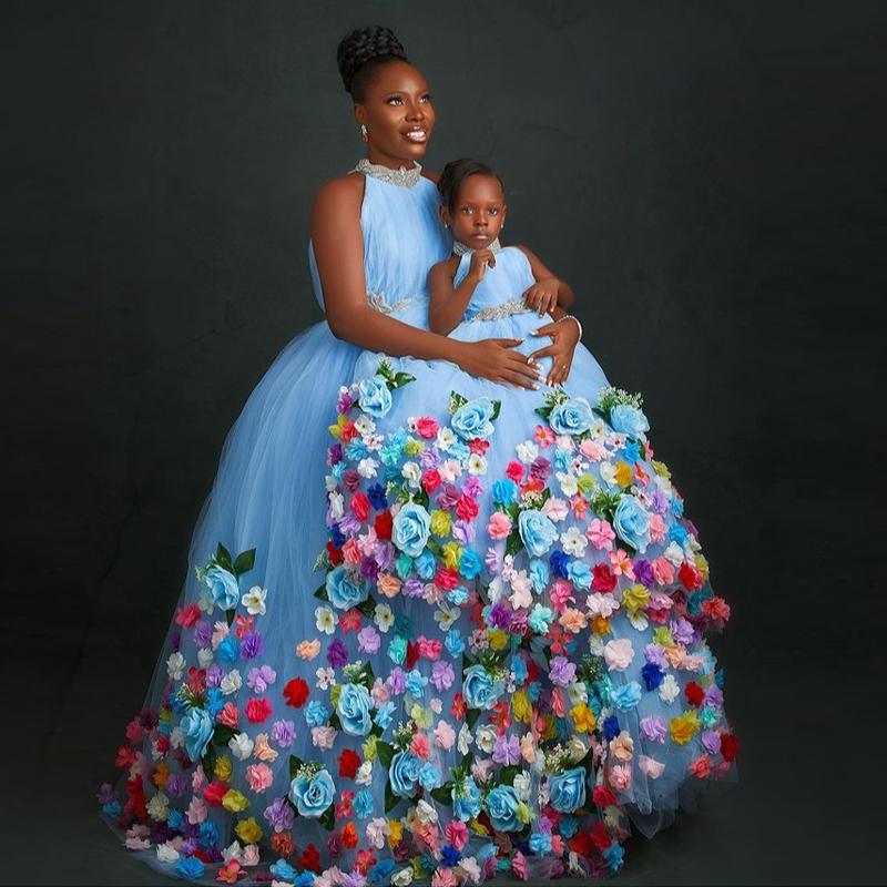 

Light Blue Flower Girl Dress For Weddings Jewel Neck 3D Floral Beading Tulle Birthday Gowns Pageant First Communion Wear, White