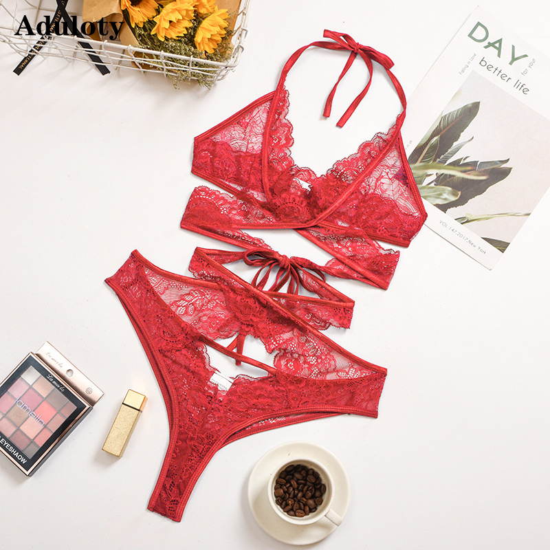 

New Polychromatic sexy lace Teddy bodysuit sexy haiter halter lace-up underwear thin transparent bra one-piece erotic lingerie, Red