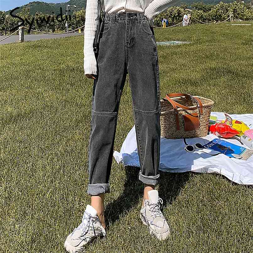 

high waist jeans women patchwork elastic straight vintage boyfriend for blue solid trousers 210607, Gray