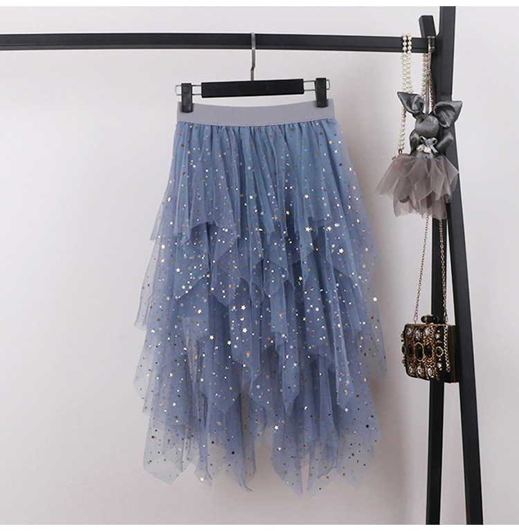 

Qooth Spring Summer Female Sequined Stars Lace Skirt's Solid color Elastic Waist Irregular Mesh Pleated Skirt QH1710 210609, Beige