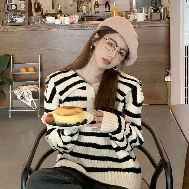 

WERUERUYU Striped Fashion Sweaters V-Neck Pullovers Autumn Winter Korean Casual Knitted Ladies Sweater Womens jumper 210608, Photo color