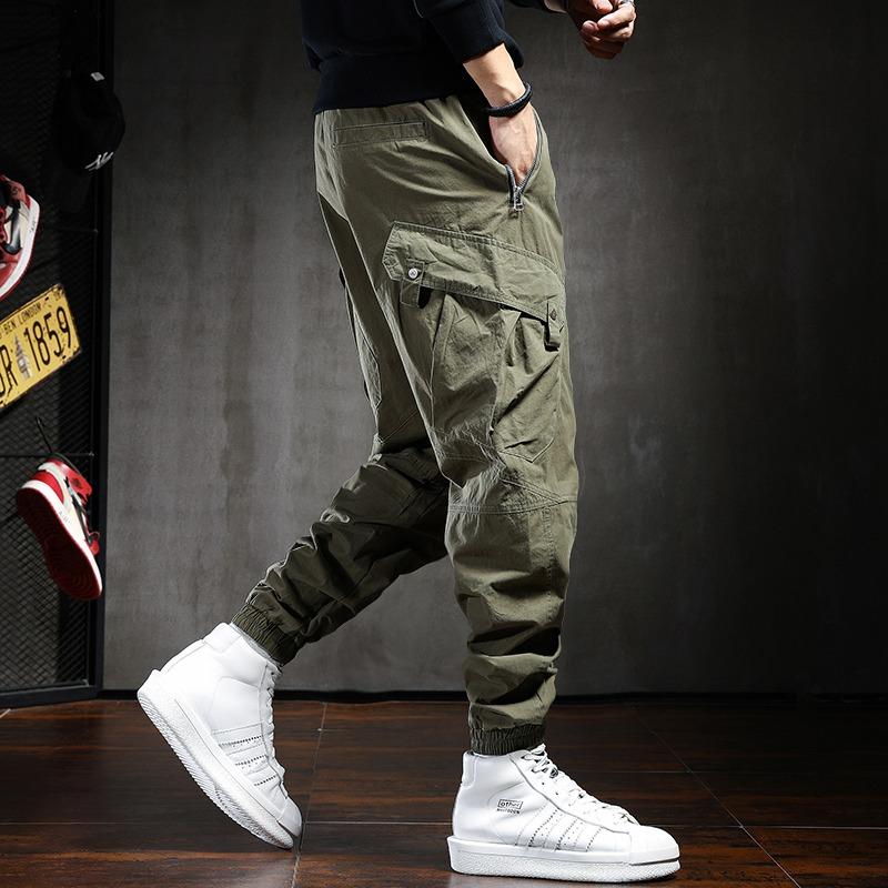 

Men's Pants Summer Fashion Baggy Cargo Men Streetwear Casual Army Green Cotton Drawstring Trousers, Black
