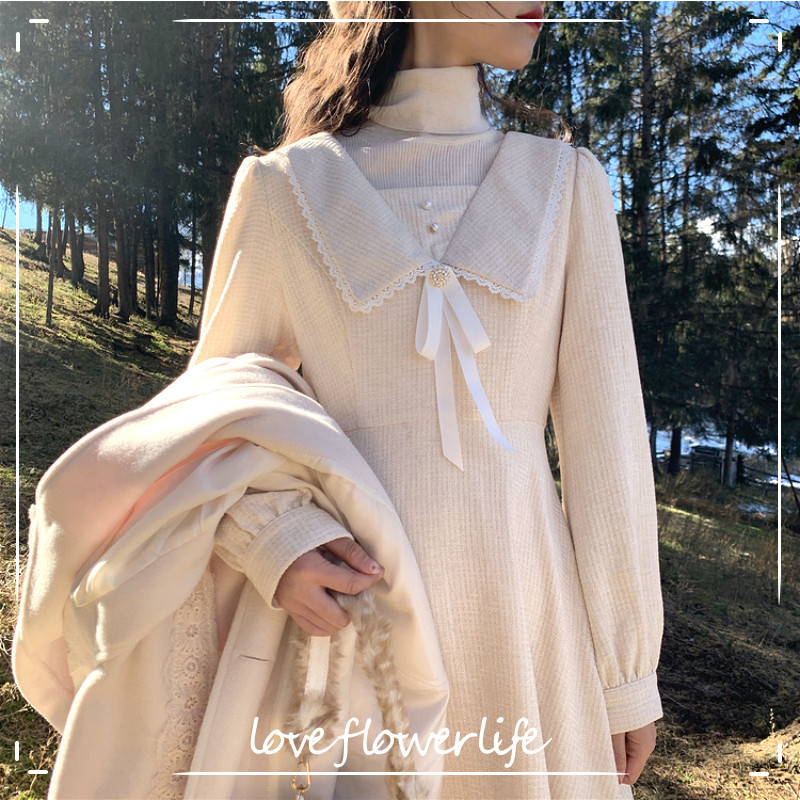 

Winter Vintage Dress Women Long Sleeve Sweet Elegant Dress Korean Casual Evening Party Midi Dress Female Autumn 210521, Apricot and beige