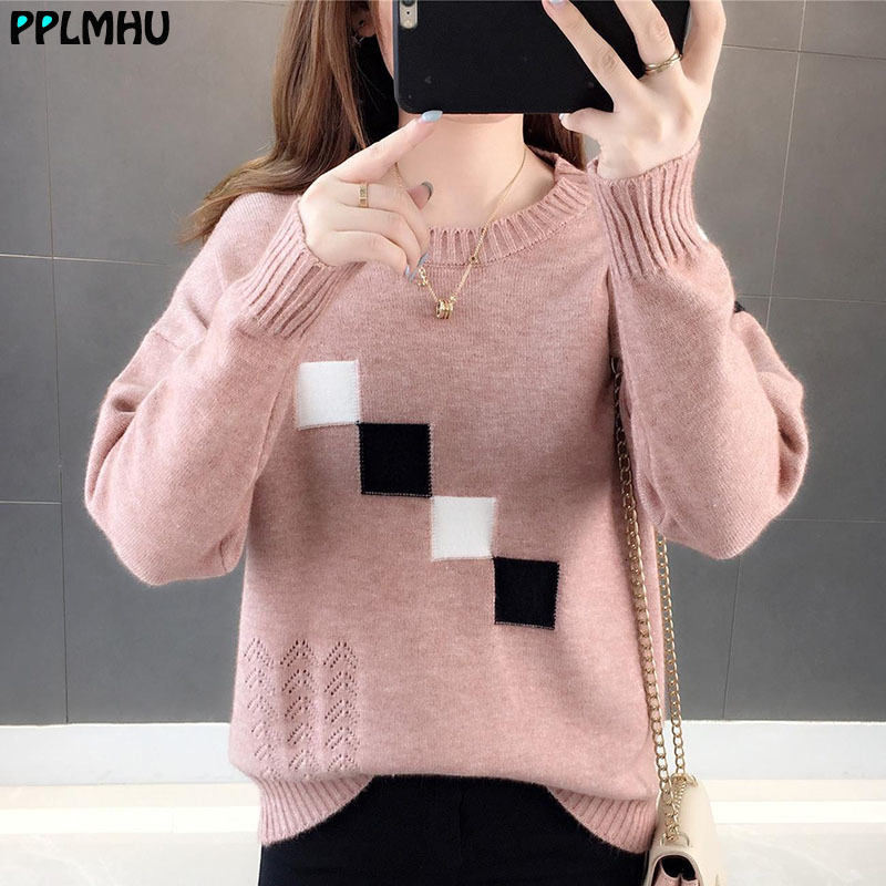 

Women's Sweaters Contrast Color Patchwork Slim O-Neck Knitted Pullover Women Elegant Hollow Out Spring Autumn Thin Sweater Korean, Light tan