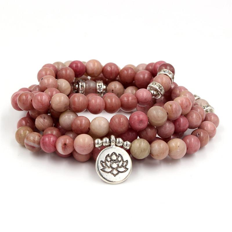 

Beaded, Strands 8mm Natural Rhodonite Women 108 Mala Stone Beads Bracelet Lotus 3D Buddha Head Yoga Pendant Healing Spiritual Gift