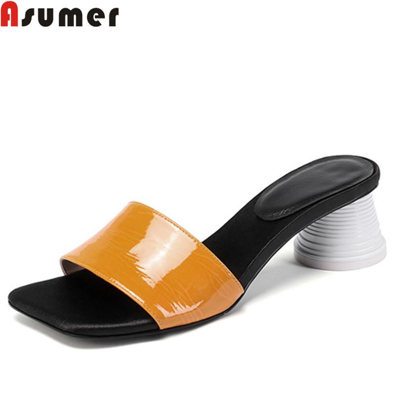 

Slippers ASUMER 2021 Women Casual Genuine Leather Shoes Thick High Heels Female Classic Sandals, Black
