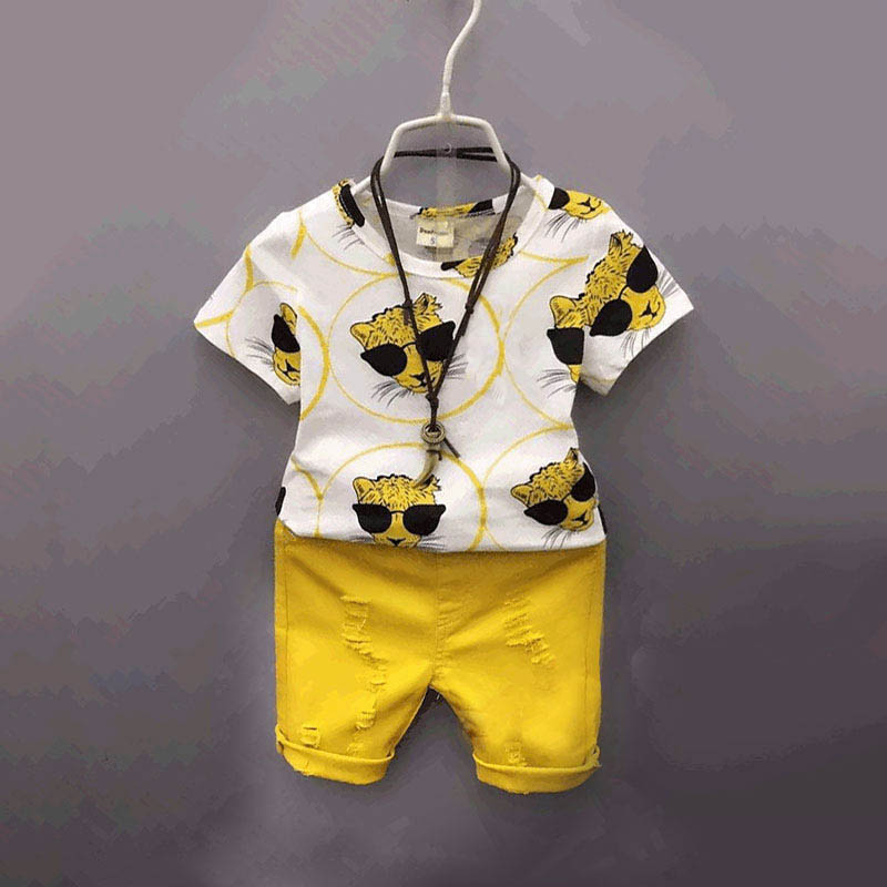 

Boys Clothing Sets Kids Suit Children Wear Baby Clothes Children's Summer Short Sleeve T-shirts Leopard Print Hole Pants Shorts 2Pcs B6191, Yellow