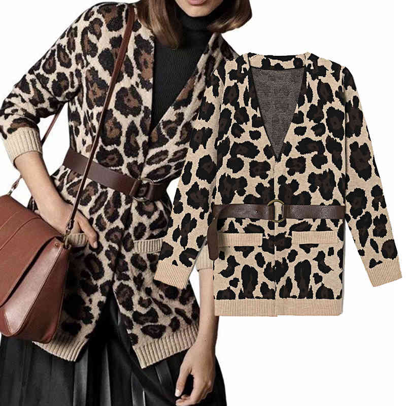

Women's Down & Parkas New Women Spring and Autumn Fashion Leopard printing Jacket Open Stitch Sashes V-Neck Long sleeve Casual Swe, Black