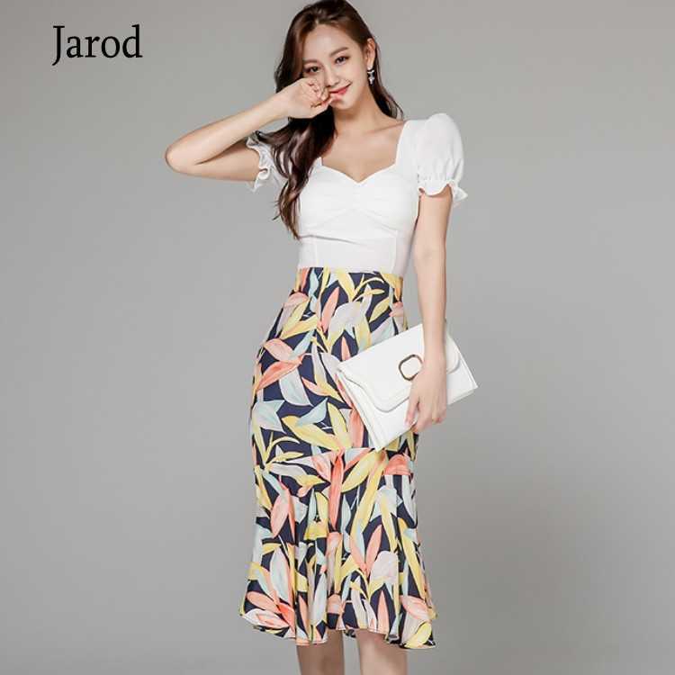 

Korean Summer Work Wear 2 Pieces Set Women Sexy V-Neck puff short sleeve Blouses & High Waist Floral print Mermaid Skirt 210526, Photo color