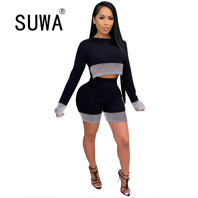 

Tracksuit Woman Two Piece Matching Sets Long Sleeve Fall Pullover Top Biker Shorts Joggers Pants Sweat Suit Streetwear 210525, Black