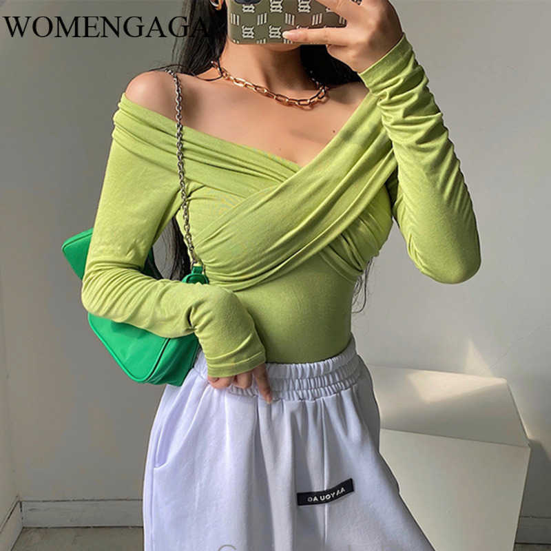 

WOMENGAGA Winter Base Autumn Sexy Tight Slimming Off-shoulder Cross Long-sleeved Top Sweater Pullovers AL16 210603, White