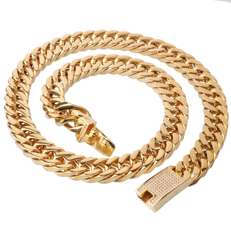

Chains 15mm Wide Stainless Steel Cuban Miami Necklaces CZ Zircon Box Lock Big Heavy Gold Flat Chain For Men Hip Hop Rock Jewelry, Silver
