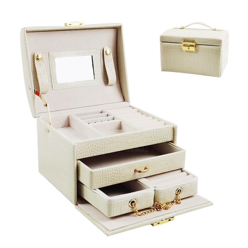 

Jewelry Pouches, Bags A2UA Lockable Mirrored Box Necklace Ring Storage Organizer Synthetic Leather Large Jewel Cabinet Case Display